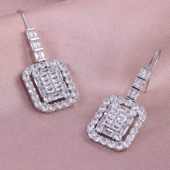 NEW Silver Baguette Round Diamond Drop Earrings 1 - Picture 3 of 6